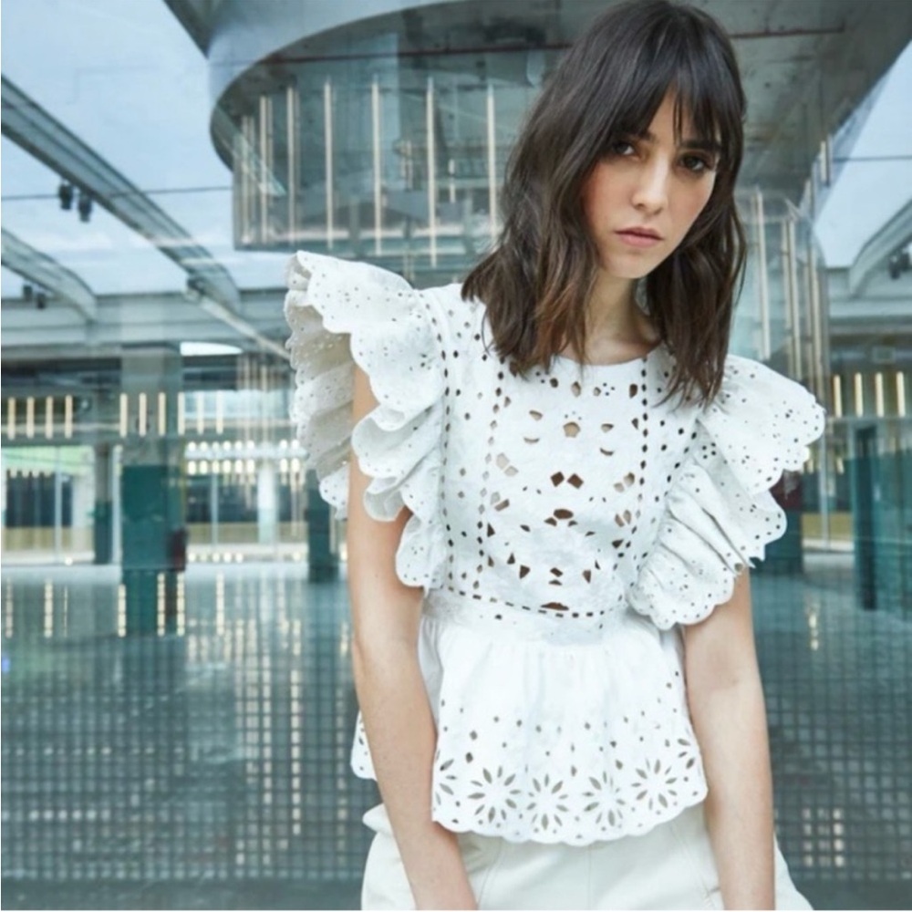Christy Lynn Finley Top Vegan Leather Bone Eyelet Flutter Ruffle Size XS